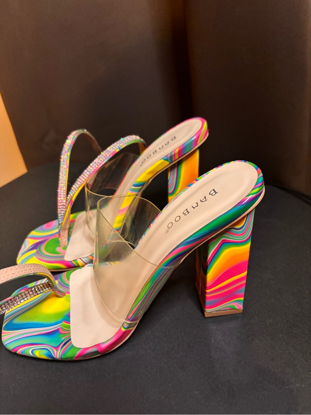 BAMBOO Rainbow Swirl Block Heel Slide Sandals with Clear Strap